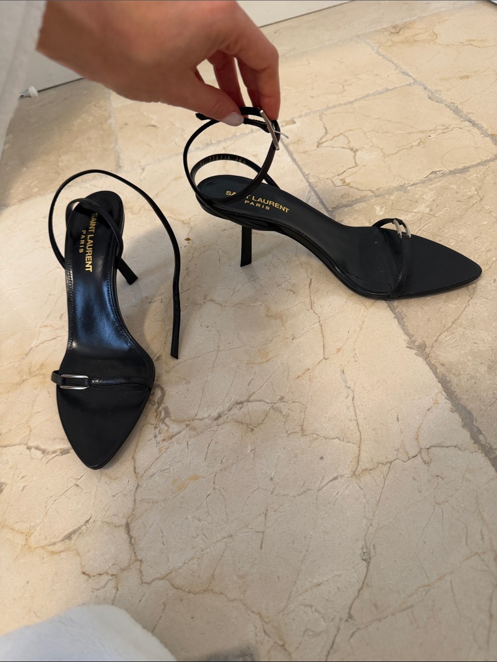 Saint Laurent Black Pointed Leather Ankle-Tie Heels - Picture 2 of 7